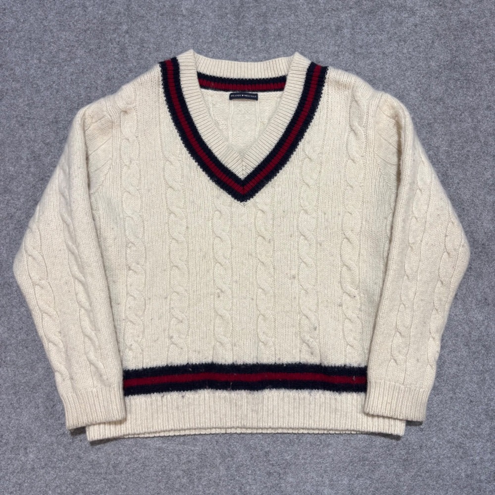 Brandy Melville Cream Cable Knit Varsity V-Neck Sweater Navy Red Striped Trim